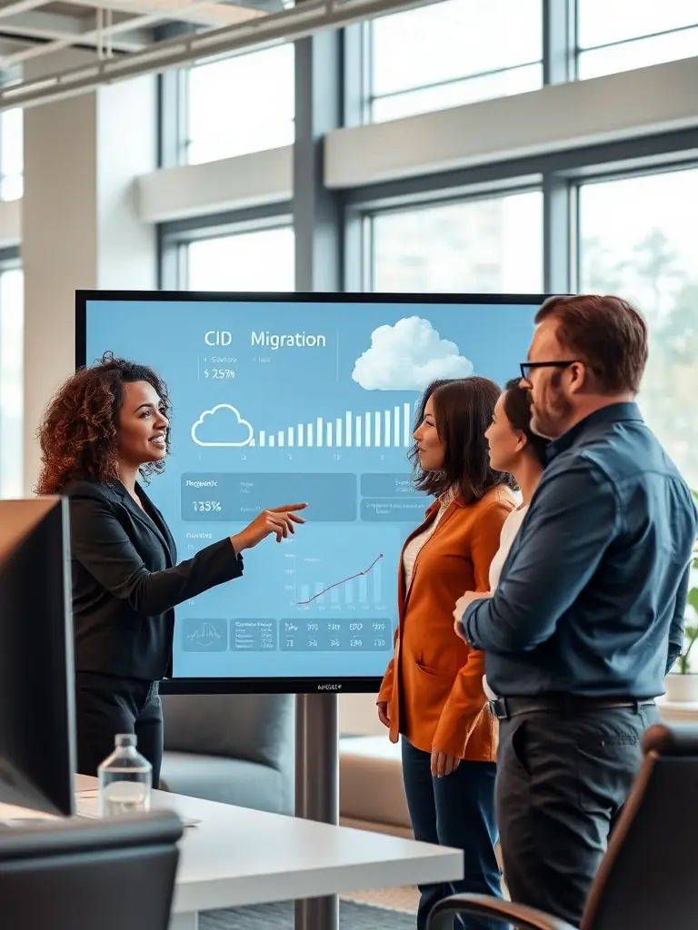 A diverse team of IT professionals collaborating on a cloud migration project, ensuring data integrity and minimal downtime.