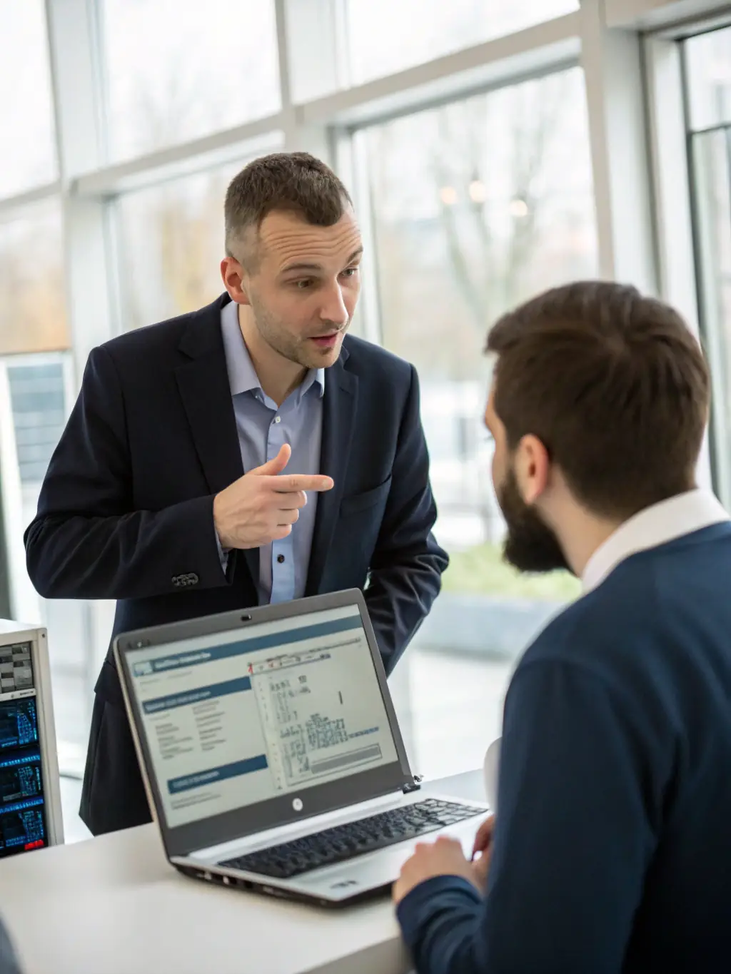 A professional IT manager is shown negotiating a contract with a vendor representative in a modern office setting, emphasizing the importance of securing favorable terms.