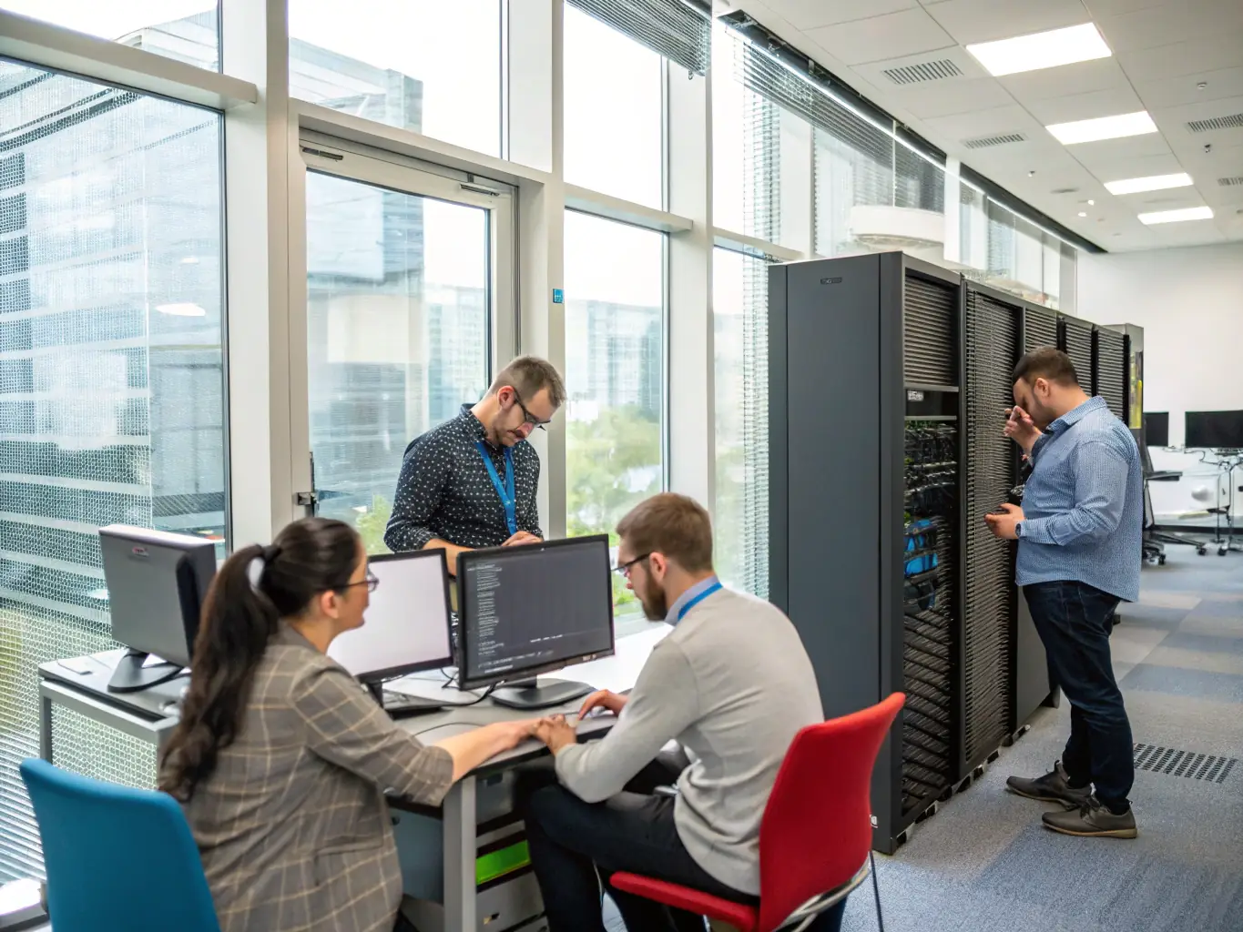 A team working together to transfer data from one system to another, ensuring secure migration.