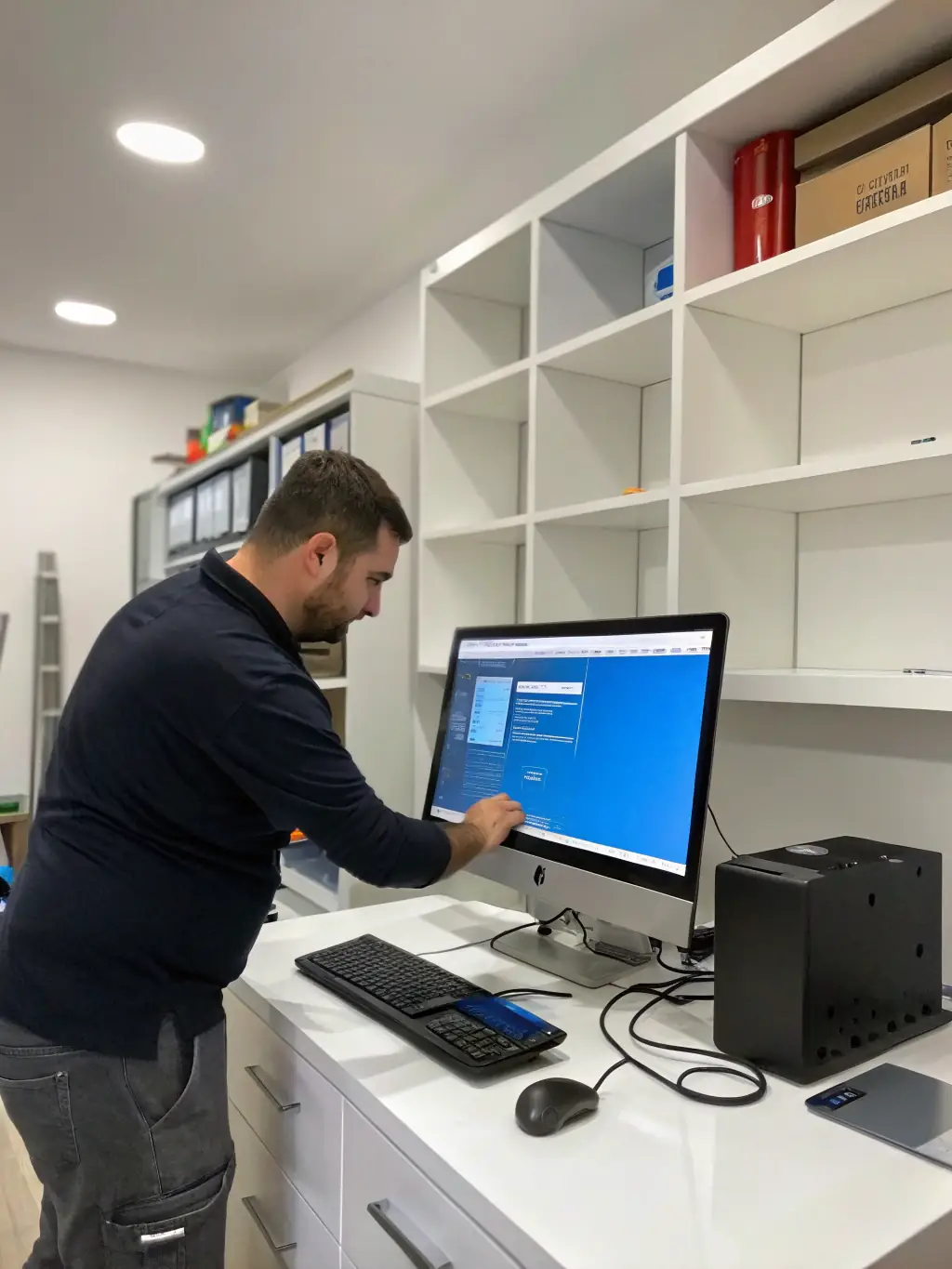 A technician installing software on a computer system in an office environment, ensuring seamless integration and minimal disruption.